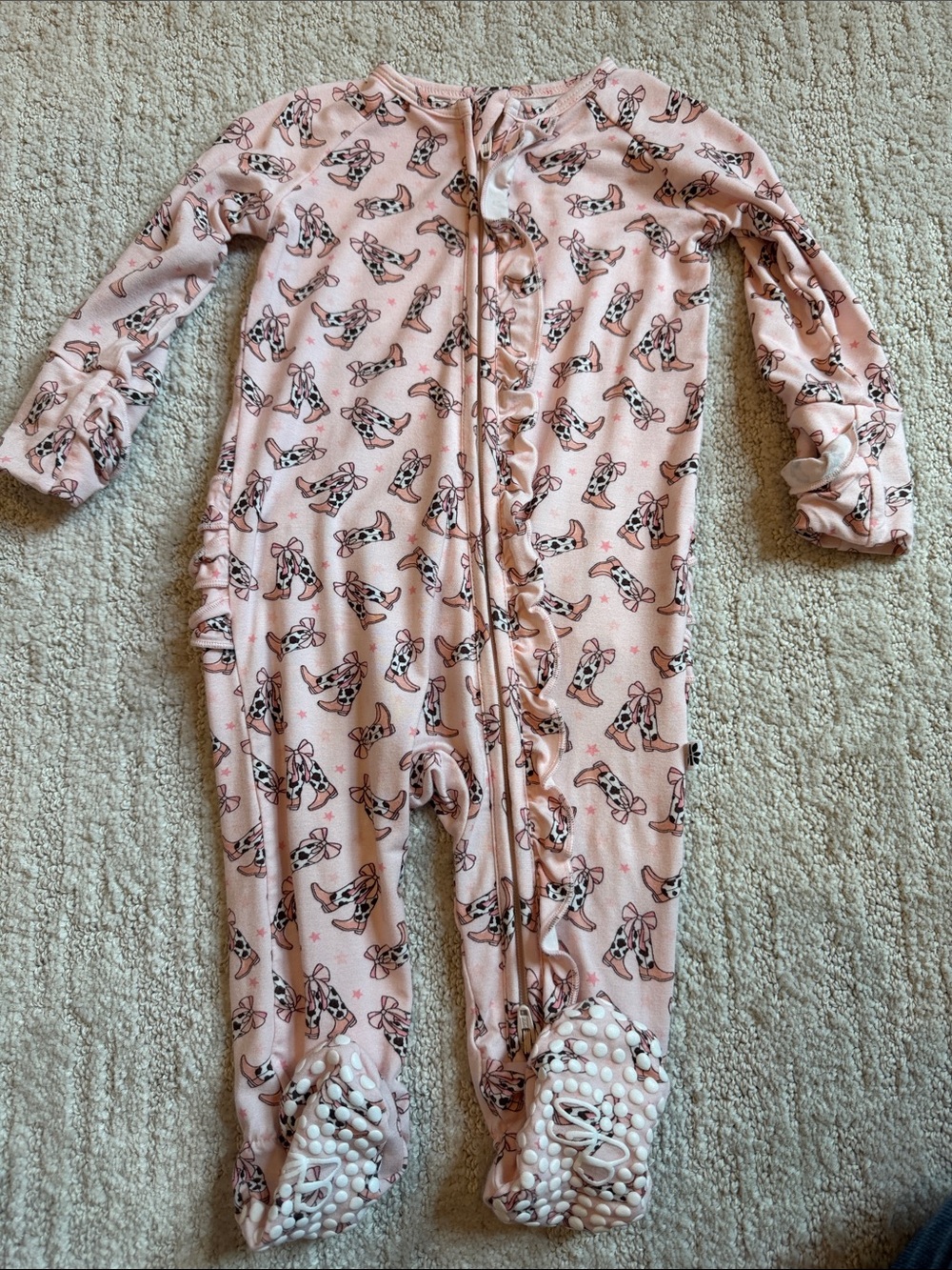 Girls Pink Ruffle Zip Footed One-Piece Pajamas cowboy boots and bows